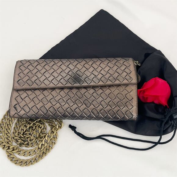 BOTTEGA VENETA Intrecciato Long Wallet Metallic Bronze Leather Womens - Picture 4 of 13